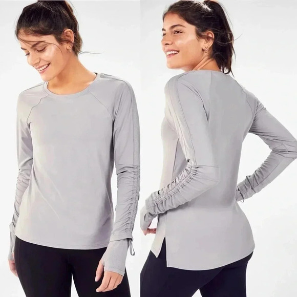 Fabletics | Cashel Adjustable Sleeve Top II Gray Cinch Sleeve Thumbholes - Picture 1 of 10